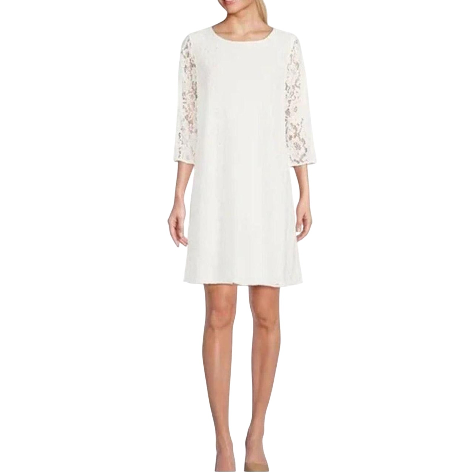 Caroline Rose White Floral Lace Lined Knee Dress Size M